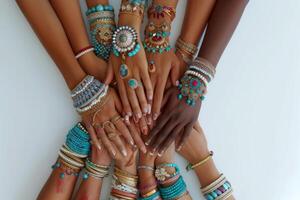 ai generiert beschwingt Hände präsentieren traditionell indisch Schmuck. ein beschwingt Nahansicht von vielfältig Hände geschmückt mit bunt Armreifen und Ringe, symbolisieren Einheit und kulturell Schönheit. foto