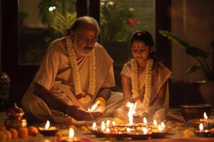 ai generiert Familie Verbindung Über Diwali Traditionen beim Dämmerung. ein animiert Illustration von ein Familie gekleidet im traditionell Kleidung, austauschen lächelt Über Diwali Lampen im das Dämmerung. foto