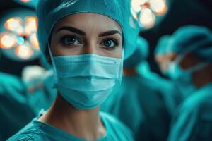 ai generiert Nahansicht von ein weiblich des Chirurgen Augen, konzentriert und bereit, im das steril Umgebung von ein Betriebs Zimmer. foto