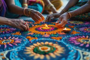 ai generiert freunde Erstellen bunt Rangoli Kunst zusammen. Nahansicht von Hände sorgfältig basteln ein beschwingt Rangoli, ein traditionell indisch Kunst bilden während ein Festival. foto