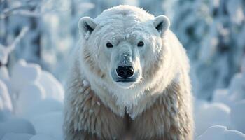 ai generiert ein süß Hund Gehen im das schneebedeckt Arktis Wald generiert durch ai foto