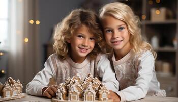 ai generiert lächelnd Mädchen Backen, heiter Familie dekorieren, hausgemacht Lebkuchen Kekse generiert durch ai foto