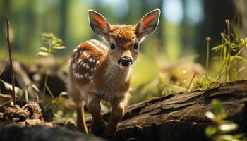 ai generiert süß Hirsch suchen beim Kamera im Grün Wiese generiert durch ai foto