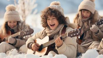 ai generiert zwei lächelnd Mädchen spielen Gitarre draußen im Winter, haben Spaß generiert durch ai foto