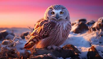ai generiert majestätisch Adler Eule sich niederlassen auf schneebedeckt Zweig, suchen beim Kamera generiert durch ai foto