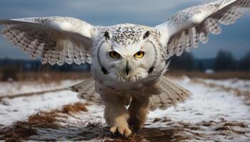 ai generiert Adler Eule hochfliegend, Schnee bedeckt Wald, Symbol von Freiheit und Ruhe generiert durch ai foto