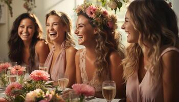 ai generiert jung Frauen im beiläufig Kleidung, Sitzung beim ein Blume gefüllt Tisch, Lachen und genießen ein Sozial Versammlung mit Champagner generiert durch ai foto