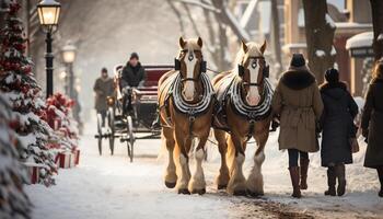 ai generiert Männer Reiten Pferd gezeichnet Schlitten im schneebedeckt Winter Feier generiert durch ai foto