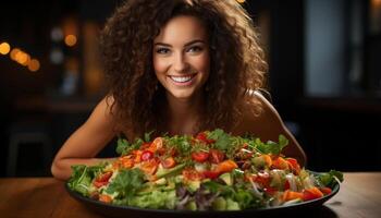 ai generiert einer Frau lächelnd, suchen beim Kamera, genießen frisch Vegetarier Salat generiert durch ai foto