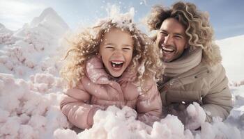 ai generiert lächelnd Familie spielen im das Schnee, genießen Winter draußen generiert durch ai foto