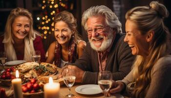 ai generiert ein froh Familie Feier, Sitzung zusammen, genießen Essen und Wein generiert durch ai foto