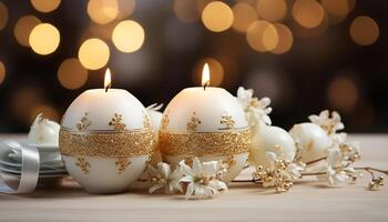 ai generiert glühend Kerze leuchtet elegant Weihnachten Dekoration auf hölzern Tabelle generiert durch ai foto