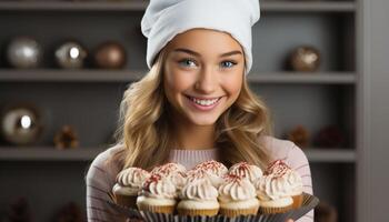 ai generiert lächelnd Frau dekorieren Cupcake, heiter und süß im Küche generiert durch ai foto