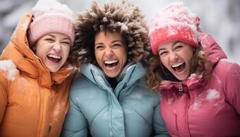 ai generiert lächelnd Frauen im Winter, draußen, heiter und voll von Glück generiert durch ai foto