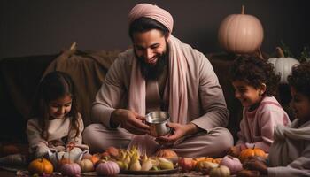 ai generiert ein glücklich Familie feiert Halloween mit Kürbis Laternen drinnen generiert durch ai foto