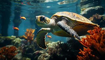 ai generiert unter Wasser Schildkröte Schwimmen im das Blau Meer, umgeben durch bunt Fisch generiert durch ai foto