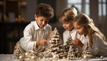 ai generiert Kinder spielen, Verbindung, dekorieren Weihnachten Freude, Liebe, und Zusammengehörigkeit generiert durch ai foto