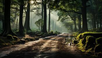 ai generiert mysteriös Herbst Wald, nebelig Fußweg, still Schönheit im Natur generiert durch ai foto