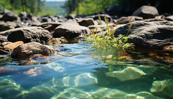 ai generiert das still Szene von fließend Wasser im das Sommer- Wald generiert durch ai foto