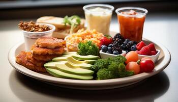 ai generiert Frische auf Teller gesund Salat, Gourmet Frucht, gegrillt Fleisch generiert durch ai foto