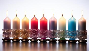 ai generiert ein beschwingt Sammlung von multi farbig Kerzen leuchtet das Feier generiert durch ai foto