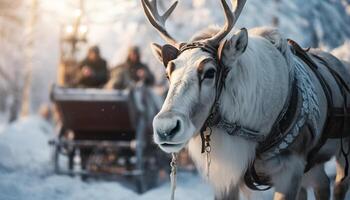 ai generiert süß Pferd Schlitten durch schneebedeckt Wiese, umgeben durch Winter Schönheit generiert durch ai foto