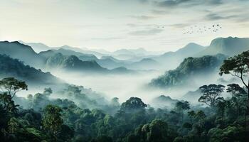 ai generiert Berg Gipfel im Nebel, Natur Schönheit, still Szene, Abenteuer wartet generiert durch ai foto