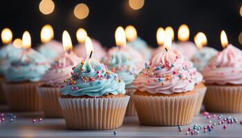 ai generiert Cupcake Dessert mit Kerze, Geburtstag Feier, Süss Essen Dekoration generiert durch ai foto