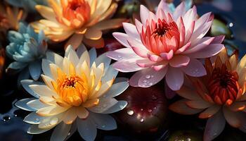 ai generiert beschwingt Lotus Blume Blüten im still Teich, symbolisieren Schönheit generiert durch ai foto