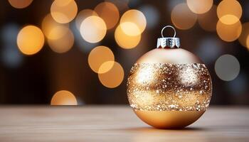 ai generiert glühend Gold Ornament leuchtet dunkel Winter Nacht, feiern Weihnachten generiert durch ai foto