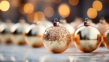 ai generiert glänzend Gold Ornament leuchtet Weihnachten Feier, glühend mit beschwingt Eleganz generiert durch ai foto