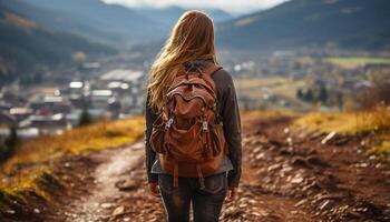 ai generiert einer Person Wandern im das Berge, genießen das draußen generiert durch ai foto