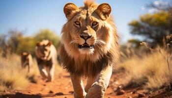 ai generiert majestätisch Löwe Gehen im das afrikanisch Savanne beim Sonnenuntergang generiert durch ai foto