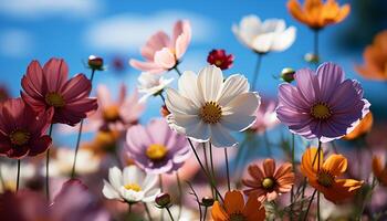 ai generiert ein beschwingt Strauß von bunt Blumen erhellt das Wiese generiert durch ai foto