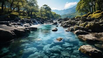 ai generiert still Szene Berg Gipfel, fließend Wasser, Grün Gras, Blau Himmel generiert durch ai foto