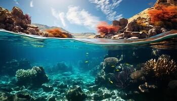 ai generiert unter Wasser Fisch schwimmen im das tief Blau Meer, erkunden Koralle generiert durch ai foto