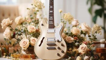ai generiert Gitarrist spielen akustisch Gitarre, umgeben durch Blumen und Natur generiert durch ai foto