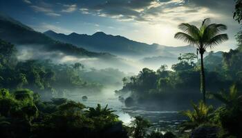 ai generiert still tropisch Regenwald, Berg Gipfel, reflektieren im Ruhe Wasser generiert durch ai foto