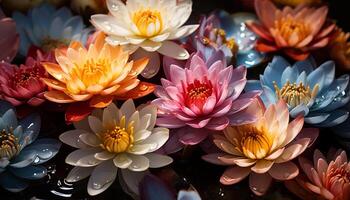 ai generiert das beschwingt Lotus Blume Blüten im das still Teich generiert durch ai foto