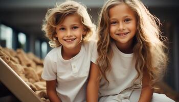 ai generiert zwei süß Mädchen lächelnd, suchen beim Kamera, genießen Kindheit draußen generiert durch ai foto