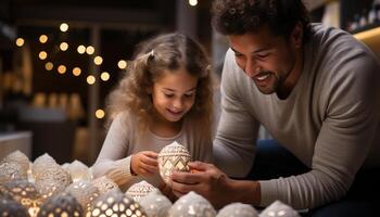 ai generiert Vater und Tochter Verbindung, dekorieren Weihnachten Baum mit Freude generiert durch ai foto
