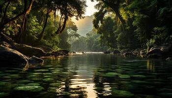 ai generiert still Szene Natur Schönheit reflektiert im Wasser, Grün Wald generiert durch ai foto