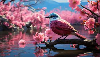 ai generiert ein süß Vogel sich niederlassen auf ein Zweig, umgeben durch Rosa Blüten generiert durch ai foto