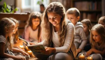 ai generiert Gruppe von Kinder lesen Buch, lächelnd, genießen Bildung drinnen generiert durch ai foto