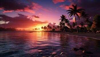 ai generiert tropisch Sonnenuntergang, still Strand, Palme Bäume, reflektieren Schönheit im Natur generiert durch ai foto