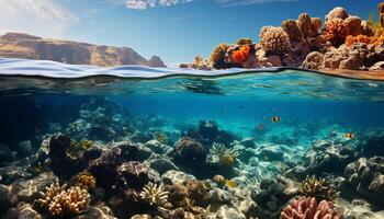 ai generiert unter Wasser Riff, Fisch schwimmen im Blau Wasser, Koralle unten generiert durch ai foto