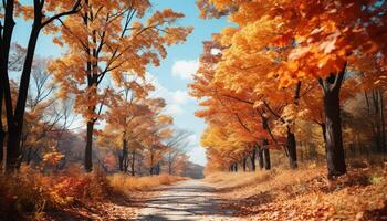 ai generiert beschwingt Herbst Landschaft Gelb Blätter, Orange Bäume, still Wiese generiert durch ai foto