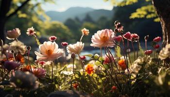 ai generiert ein beschwingt Wiese von Wildblumen, Natur bunt Strauß beim Dämmerung generiert durch ai foto