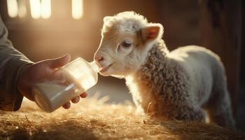 ai generiert süß Kuh Getränke Milch von Flasche im sonnig Wiese generiert durch ai foto