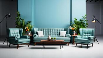 ai generiert modern Leben Zimmer mit komfortabel Sofa, Stuhl, und elegant Dekor generiert durch ai foto